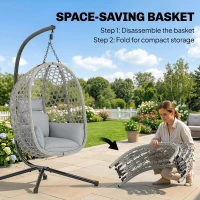 Outsunny Hanging Egg Chair, Indoor Outdoor Rattan Hammock Swing Chair with Stand, Safety Strap, Foldable Basket, Light Grey(m-5)