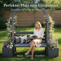 Pergola-Bank mit Pflanzkästen und geschwungenem Rankgitter, dreifach-Funktion: Sitzbank, Pflanzkübel und Rankhilfe, 160 x 30,5 x 160 cm, Grau(m-4)