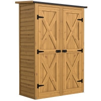 Outsunny Caseta de Jardín de Madera 115x53x156 cm Armario para Herramientas con Puertas Dobles y Estantes Techo Inclinado Marrón