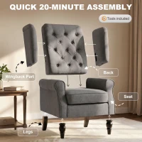 HOMCOM Wingback Accent Chair, Snow Flannel Armchair with Thick Spring Cushion, High Back, Solid Wood Legs, Retro Button Tufted Reading Chair for Living Room, Bedroom, Dark Grey(m-7)