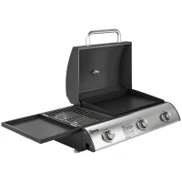 Outsunny Barbecue a Gás BBQ com 3 Queimadores 7,5 kW com Grelha Placa Prateleira Lateral Conversível Termómetro Preto(m-1)
