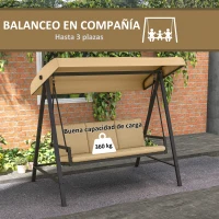 Outsunny Balancín de Jardín de 3 Plazas Columpio Exterior Jardín con Toldo Ajustable Cojines Extraíbles 200x125x175 cm Beige(m-7)