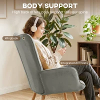 HOMCOM Modern Accent Chair, Upholstered High Back Armchair with Tufted Wingback, Seat Padding, Velvet Leisure Lounge Bedroom Chair with Wood Legs, Grey(m-5)