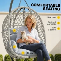 Outsunny Hanging Egg Chair, Indoor Outdoor Rattan Hammock Swing Chair with Stand, Safety Strap, Foldable Basket, Light Grey(m-6)