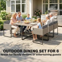 Outsunny 7 Piece Rattan Garden Furniture Set, Garden Dining Set with Wood-Plastic Table and 6 Stackable Chairs, Light Grey(m-4)