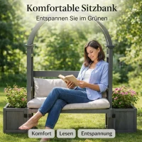 Pergola-Bank mit Pflanzkästen und geschwungenem Rankgitter, dreifach-Funktion: Sitzbank, Pflanzkübel und Rankhilfe, 160 x 30,5 x 160 cm, Grau(m-6)