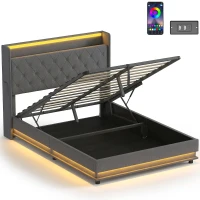 HOMCOM 4ft6 Double Bed Frame with Headboard, Platform Bed Frame with Hydraulic Storage, LED Lights and Charging Station, Grey(m-1)