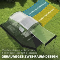 Outsunny Namiot kempingowy 3-4 os., stabilny, 3000 mm wodoodporny, namiot rodzinny z sypialnią i przedsionkiem, zielony(m-4)