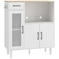 HOMCOM Sideboard Küchenschrank mit Schublade, 2 Schränken, Offenem Fach, geriffelter Acrylglastür 80 x 34 x 91 cm Weiß+Eiche(m-1)