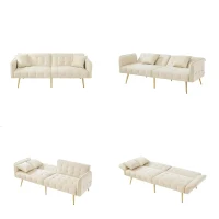 Divano-letto 2 posti, rivestimento in velluto, piedi dorati, 178x82x70 cm, Beige(m-6)
