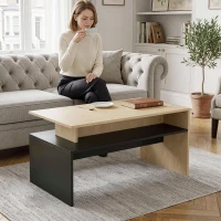 HOMCOM Mesa de Centro Moderna Bicolor com Níveis Desfasados e Prateleira de Arrumação, 95 x 55 x 50 cm, Madeira Natural e Preto(m-4)