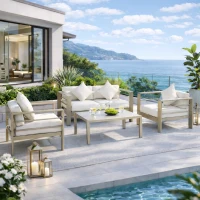 Outsunny 4 Pieces Outdoor Garden Furniture Set, Aluminium Frame Backyard Furniture w/ Thick Padded Cushioned Loveseat, 2 Chairs, and Glass Top Table, Champagne Gold(m-10)