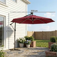 Outsunny 3 m Garden Cantilever Parasol with LED Solar Light, Round Overhanging Umbrella with 360° Rotation, Cover, Wine Red(m-3)