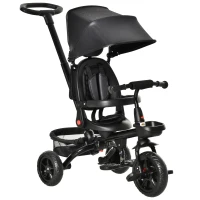HOMCOM Triciclo Bebé 4 en 1 Bicicleta para Niños 1-5 Años con Asiento Giratorio Capota Ajustable Mango de Empuje Telescópico y Reposapiés Plegable Carga 25 kg 111,5x52x98 cm Negro(m-6)