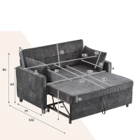 Divano letto a due posti con funzione letto, estraibile, schienale regolabile, rivestimento in chenille, 142x79x85 cm, Nero anticato(m-3)