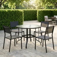 Outsunny Mesa Redonda para Jardín con Orificio para Sombrilla Encimera de Vidrio Estructura Metálica Ø96,5x71 cm Negro(m-7)