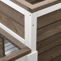 PawHut Cusca pentru iepuri din lemn cu roti, tavi detasabile si casa pentru iepuri cu rampa, 110x50x86cm, maro si alb(m-9)