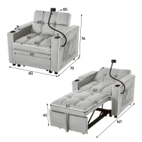 Divano letto estraibile 3-in-1, con portabicchieri e porta smartphone, rivestimento in velluto, struttura in metallo, 83x167x76 cm, Grigio e bianco(m-3)