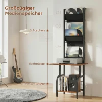 HOMCOM Industrielles CD-Regal, CD-Aufbewahrung, DVD-Ständer mit 3 Stofftaschen und Tischplatte, Rustikale Holzoptik in Braun(m-5)
