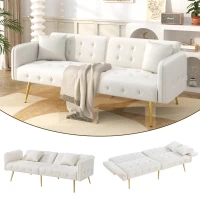 Divano-letto 2 posti, rivestimento in velluto, piedi dorati, 178x82x70 cm, Bianco(m-1)