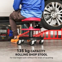 HOMCOM Taboret Warsztatowy z Kółkami Regulowany Wysokość 40-51cm do 135 kg Czerwony(m-4)