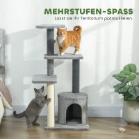 PawHut Krabpaal 103 cm kattenboom met kattenhuis, platforms, sisal-krabpalen, pluche bal voor katten tot 5 kg, grijs(m-4)