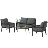 Outsunny 4 Seater Rattan Garden Furniture Set with 2 Armchairs, Loveseat, Coffee Table, Garden Sofa Set with Cushions, Dark Grey(m-11)