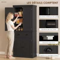 HOMCOM Buffet haut cuisine, armoire de cuisine avec 4 portes, tiroir et étagères réglables, 76,2 x 40,2 x 183 cm, noir(m-7)