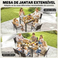 Outsunny Conjunto de Mesa e Cadeiras de Jardim em Vime 7 peças com Mesa Extensível em Madeira e 6 Cadeiras Empilháveis Creme(m-5)