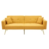 Divano letto con funzione letto, schienale regolabile, gambe dorate, rivestimento in sherpa, 175x64x72 cm, Giallo(m-2)