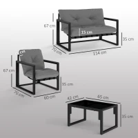 Outsunny Garden Furniture Set, 4 Piece Indoor Outdoor Conservatory with Loveseat Sofa, Armchairs, Glass Top Coffee Table, Cushions for Balcony, Poolside, Patio, Dark Grey(m-3)