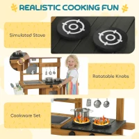 AIYAPLAY Wooden Mud Kitchen with Wheels, Stove, Faucet, Flower Pots, Stainless Steel Accessories for Toddlers 3-6, Brown(m-7)