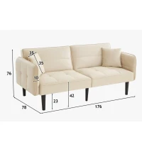 Divano-letto 2-in-1, schienali regolabili, rivestimento in velluto, gambe in legno, 176x78x76 cm, Beige(m-3)