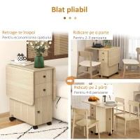 HOMCOM Masă de Bucătărie Pliabilă, Masă Rabatabilă cu Roți și Frâne pentru 6 Persoane, Birou Pliabil cu 2 Sertare și Dulap, pentru Living, 120x60x76.5 cm, Lemn Natural(m-5)