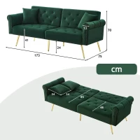 Divano letto 2 posti, rivestimento in velluto, piedi dorati, 173x75x70 cm, Verde(m-3)