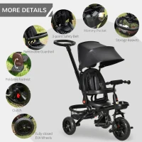 HOMCOM Triciclo Bebé 4 en 1 Bicicleta para Niños 1-5 Años con Asiento Giratorio Capota Ajustable Mango de Empuje Telescópico y Reposapiés Plegable Carga 25 kg 111,5x52x98 cm Negro(m-5)