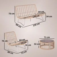 Outsunny Zestaw Mebli Ogrodowych 4-częściowy Zestaw Rattanowy z Sofą Dwuosobową, 2 Fotelami, Stolik ze Szkłem, Szerokie i Głębokie Siedziska, Grube Poduszki(m-3)