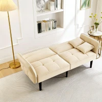 Divano-letto 2-in-1, schienali regolabili, rivestimento in velluto, gambe in legno, 176x78x76 cm, Beige(m-5)