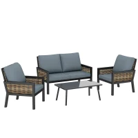 Outsunny 4 Seater Rattan Garden Furniture Set with 2 Armchairs, Loveseat, Coffee Table, Garden Sofa Set with Cushions, Grey(m-1)