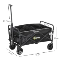Outsunny Cărucior de Grădină 62L cu Roți Pivotante, Cărucior Pliabil din Metal și Țesătură Oxford cu Geantă și Mâner Reglabil, 76x48x86 cm, Negru(m-3)