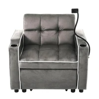 Divano letto estraibile 3-in-1, con portabicchieri e porta smartphone, rivestimento in velluto, struttura in metallo, 83x167x76 cm, Grigio scuro(m-6)