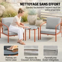 Outsunny Salon de Jardin 3 Pièces, 2 Fauteuils, 1 Table Basse, Coussins Épais, Plateau en Verre Trempé, 63x77x76cm, Rouge Vineux(m-5)