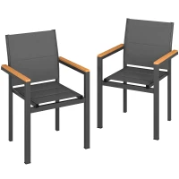 Outsunny Lot de 2 Chaises de Jardin Empilables, Assise et Dossier Rembourrés, Accoudoir en Bois Plastique, 56x55x85cm, Gris Foncé(m-11)