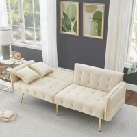 Divano-letto 2 posti, rivestimento in velluto, piedi dorati, 178x82x70 cm, Beige(m-5)