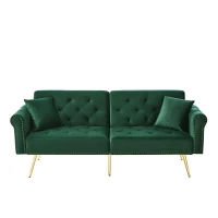 Divano letto 2 posti, rivestimento in velluto, piedi dorati, 173x75x70 cm, Verde(m-2)