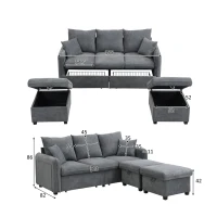 Divano angolare a U, con vano contenitore, pouf incluso, rivestimento in chenille, 188x186x86 cm, Grigio scuro(m-3)