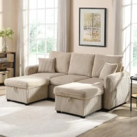 Divano angolare a U, con vano contenitore, pouf incluso, rivestimento in chenille, 188x186x86 cm, Beige(m-1)