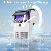 HOMCOM Commerciële IJsblokjesmachine, 55 kg/24u Roestvrij Staal Onderbouw of Vrijstaande IJsblokjesmaker met 13 kg Opslag(m-4)