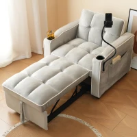Divano letto estraibile 3-in-1, con portabicchieri e porta smartphone, rivestimento in velluto, struttura in metallo, 83x167x76 cm, Grigio e bianco(m-4)