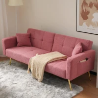 Divano letto con funzione letto, schienale regolabile, gambe dorate, rivestimento in sherpa, 175x64x72 cm, Rosa(m-1)